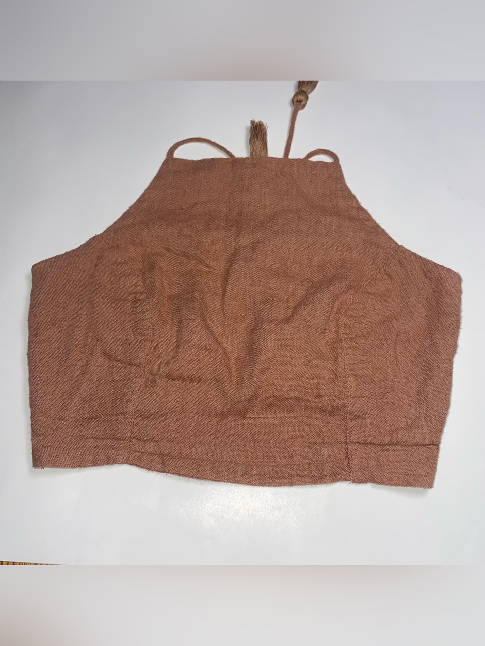 Free People XS Brown Halter Neck Tie Back Tassel Crop Top Boho Festival